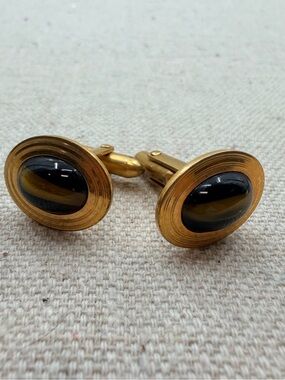 Gold-Tone Cufflinks with Black and Brown Oval Inset